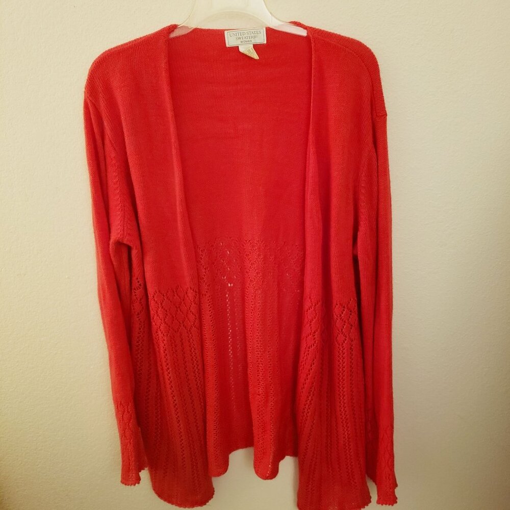 United States Sweaters Pointelle Trimmed Tie Front Red Longline Cardigan 2X EUC